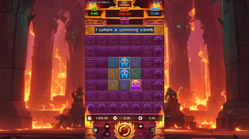 Treasures of Hades 2 — schermata di gioco principale della slot con rulli 3x3 e 20 betways di Rectangle Games